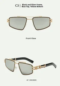 Detail view of C3 sunglasses with black silver frame and blue yellow gradient lenses