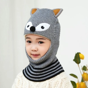 Detail of grey fox-themed knit balaclava for kids with ears and black stripes