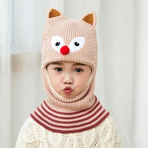 Detailed knit texture of pink fox cartoon hooded scarf with fleece lining for kids