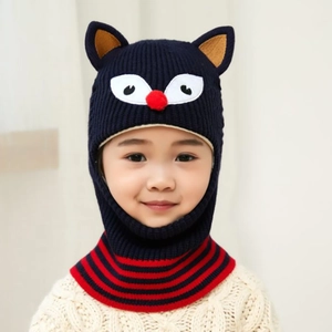 Close-up of kids navy knit balaclava featuring cute 3D animal ears and striped scarf detail