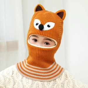 Kids orange fox knitted hood with earflaps and neck warmer for autumn and winter