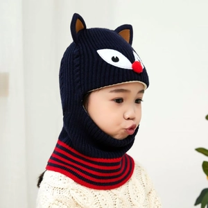 Detail of navy knit balaclava for kids featuring cartoon fox ears and cozy neck warmer