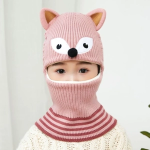 Pink cartoon fox kids knitted hood hat with ear flaps and neck warmer for winter