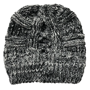 Close-up of thick cable knit pattern and mesh weave on a grey ponytail beanie
