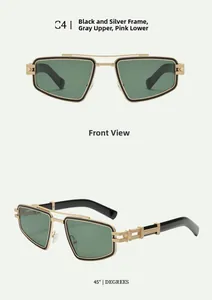 Macro detail of geometric vintage sunglasses with gold metal镂空 details and green lenses