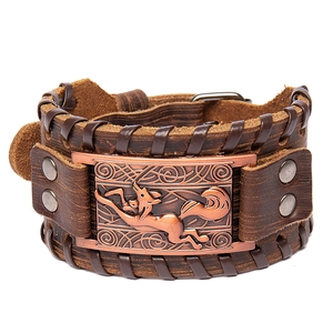 Retro brown leather fox bracelet with embossed bronze fox charm and braided texture