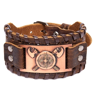 Vintage Viking leather bracelet with bronze double axe shield on brown horsehide wristband