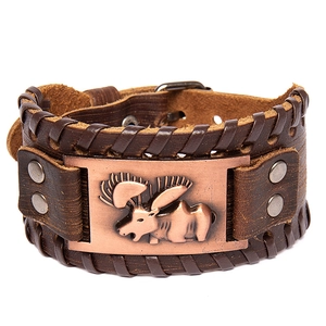 Vintage Viking leather bracelet with Nordic reindeer relief and braided edges