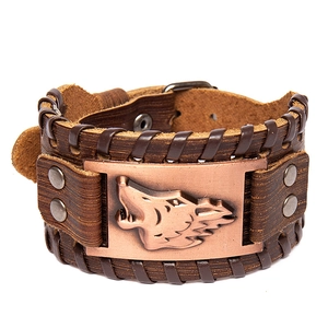 Handcrafted brown double-layer leather bracelet with bronze wolf head metal plate