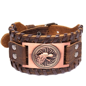 Vintage brown leather woven bracelet featuring a punk wolf head totem metal plate