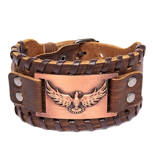 Retro brown woven leather bracelet with bronze eagle totem and metal rivets