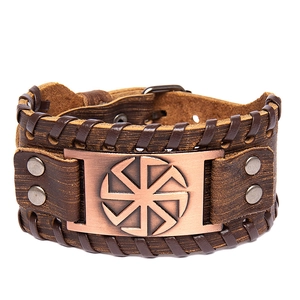 Punk brown multilayer genuine leather bracelet with bronze metal charm and buckle