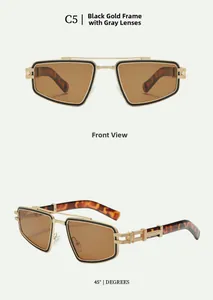Detailed views of vintage industrial rectangle sunglasses with gold frames and amber lenses
