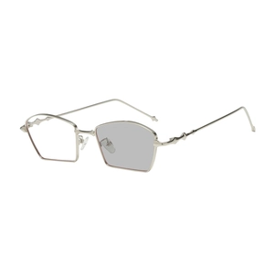 Irregular silver metal sunglasses with geometric small frame and photochromic lenses
