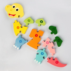 Educational 11-piece wooden dinosaur puzzle with colorful numbered pieces for kids learning