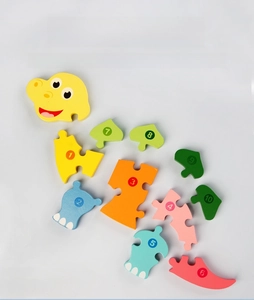 Detailed view of colorful numbered wooden dinosaur puzzle pieces for toddlers