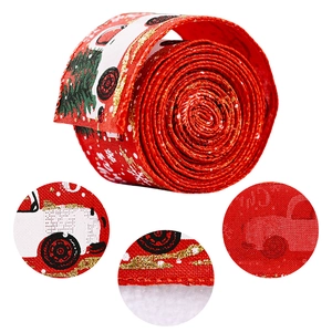 Christmas red ribbon with vintage white truck and green tree pattern for tree decoration