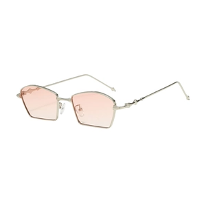 Irregular geometric metal frame sunglasses with peach tinted lenses for a retro look