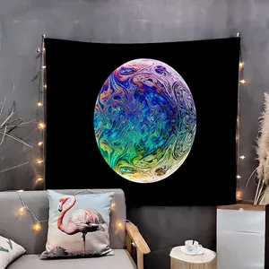 Black Christmas tapestry with colorful psychedelic sphere print and star string lights