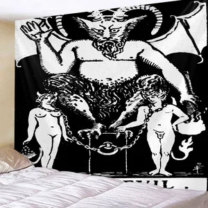 Detail of Gothic Devil Tarot tapestry with wings and figures on high quality fabric
