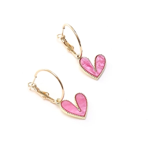 Pink marble heart earrings with golden hooks for women in a modern sweet style