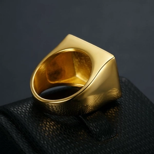 Gold-plated hip hop square signet ring for men featuring detailed historical engraving