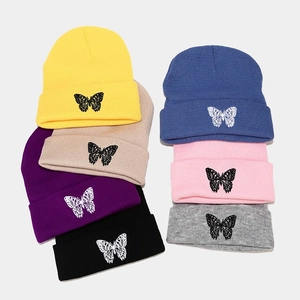 Winter butterfly embroidery beanie hats in multiple colors with soft ribbed knit texture