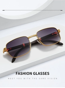 Detail view of retro gold metal frame sunglasses with precision three-bar hinge texture