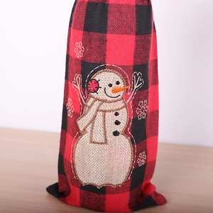 Christmas red and black plaid wine bottle cover with snowman embroidery decoration