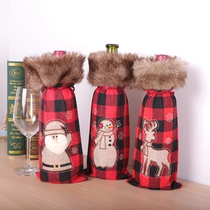Christmas Wine Bottle Cover Red Black Buffalo Plaid Cloth Embroidery Faux Fur Collar Holiday Party Decoration