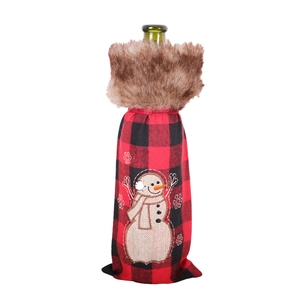 Red and black plaid Christmas wine bottle cover with snowman embroidery and faux fur trim