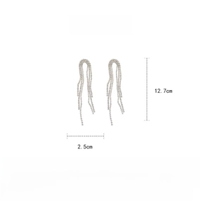 Detail showing dimensions of long silver tassel earrings with crystal rhinestones