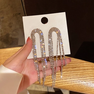 Macro shot of silver rhinestone tassel earrings with a luxurious U-shaped fringe design
