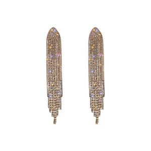 Sparkling geometric triangle earrings with long rhinestone tassels on a white background