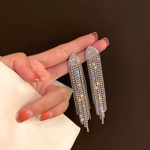 Silver needle geometric triangle drop earrings with sparkling rhinestones and long tassels
