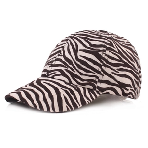 Detail showing the zebra print fabric texture and curved brim of the baseball cap