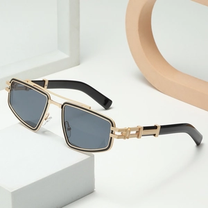 Retro double-bridge sunglasses with gold metal geometric frames and dark gray lenses