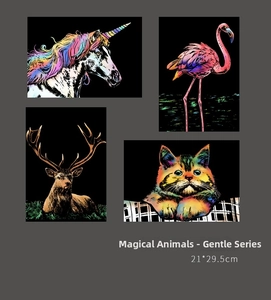 Set d'art à gratter néon avec licorne, flamant, cerf et chat en format A4 pratique