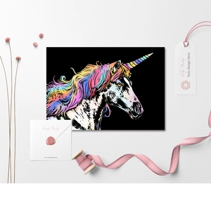 Carte à gratter licorne arc-en-ciel avec enveloppe à sceau rose et accessoires