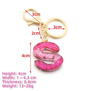 Detailed size specifications for pink sequin resin letter S keychain with dimensions