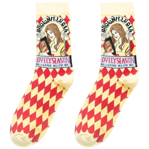 Vintage style Argyle cotton socks for women featuring retro portrait and red yellow patterns