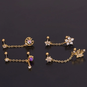 Gold flower and moon zircon earrings with stainless steel screw back for cartilage piercing
