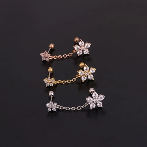 Flower zircon double stud earrings in rose gold, gold, and silver on black background