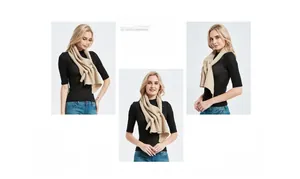 Detailed close-up showing textured hollow knit pattern on beige triangular scarf for women