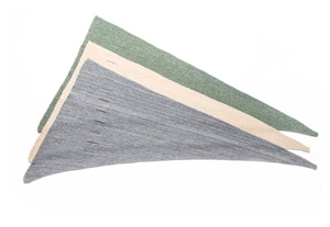 Detail view of knitted triangle scarf showing hole hollow texture in green and grey