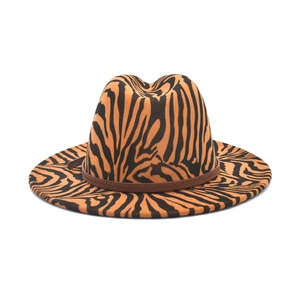 Fashionable tiger zebra print wide brim fedora hat with brown leather belt decoration