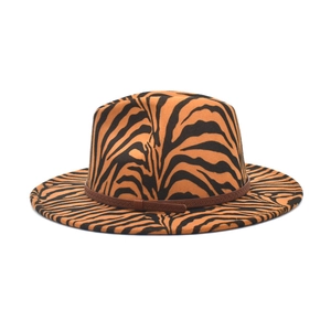 Classic wide brim fedora hat featuring bold orange and black tiger stripes with leather band