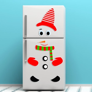 Close-up of magnetic Christmas snowman fridge stickers showing hat and scarf details