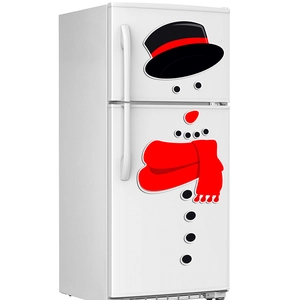Detail view of snowman magnetic fridge stickers with hat, carrot nose and red scarf