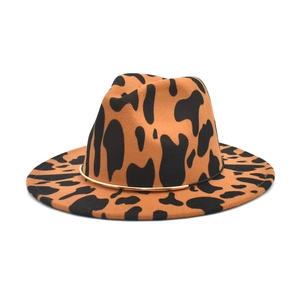 Women's Fedora hat with cow print wool felt and a gold metal ring accessory